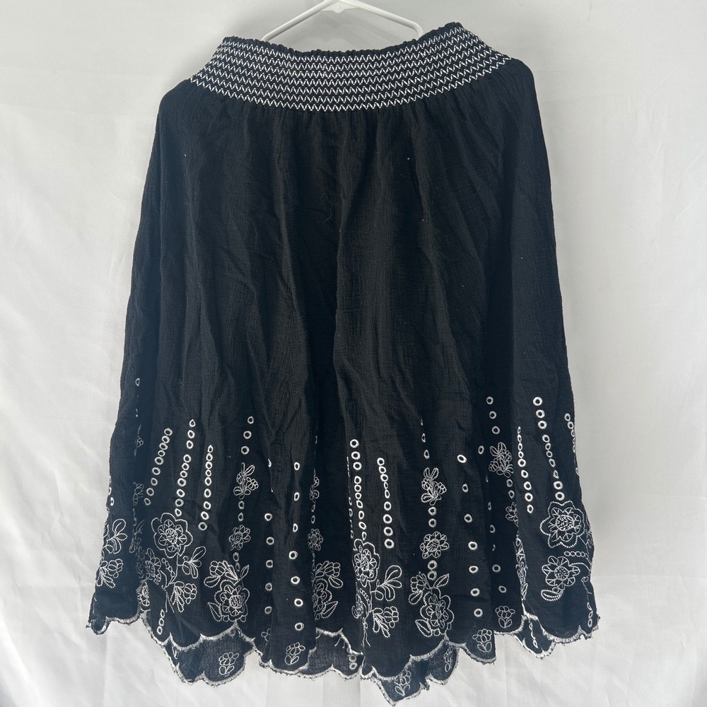 Hot Options Black Smocked Waist Midi Skirt Floral Eyelet Scalloped Hem Boho L